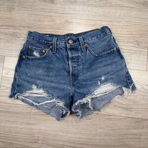 Levis Premium 501 Original High Rise Distressed Denim Shorts Blue W25 56327-0081